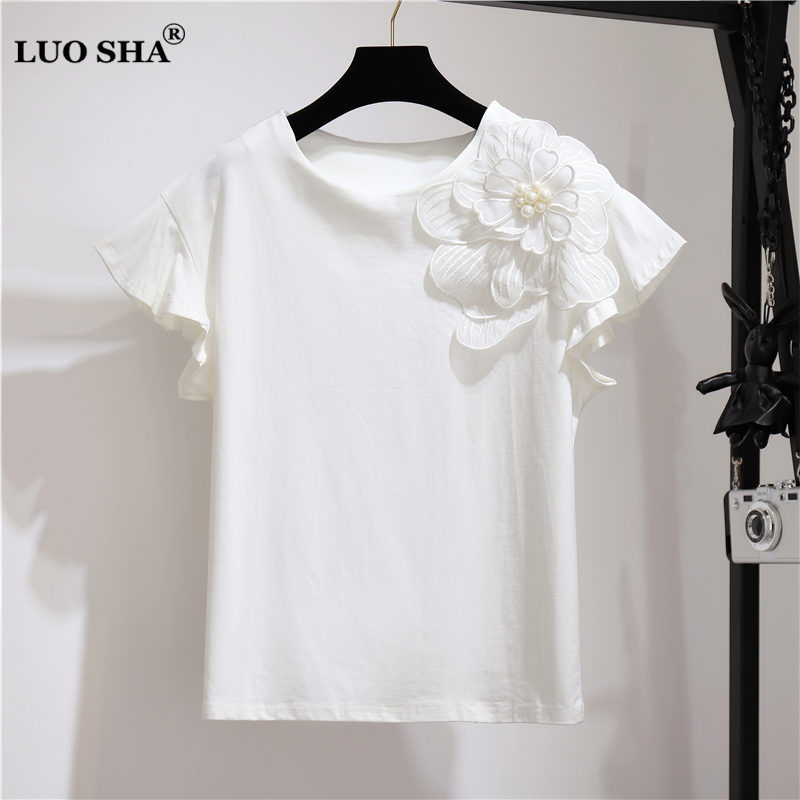 LUOSHA Women 2019 Summer 3D Flower Pear Beading Ruffles Sleeve Loose Cotton Tshirt And Tops Female Casual White Tshirts T200110