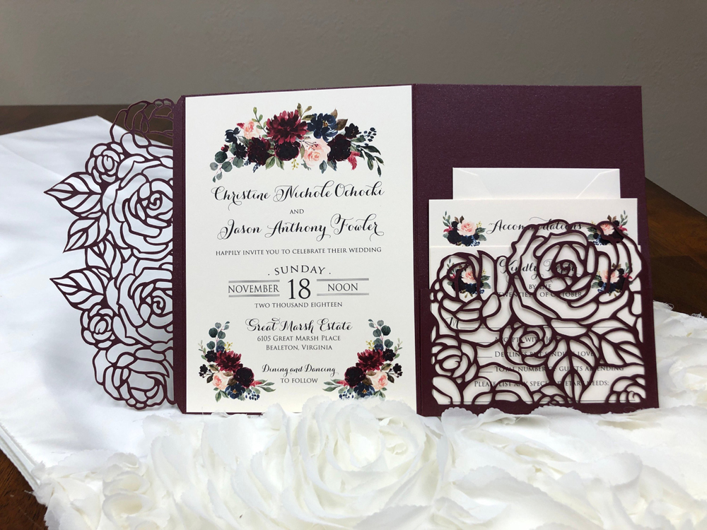 Plum Rose Trifold Laser Cut Wedding Invitations Pearl Shimmy Pocket Marriage Invite Burgundy Bridal Shower Cards Jackets with Belt, Ivory
Plum Rose Trifold Laser Cut Wedding Invitations Pearl Shimmy Pocket Marriage Invite Burgundy Bridal Shower Cards Jackets with Belt, Ivory