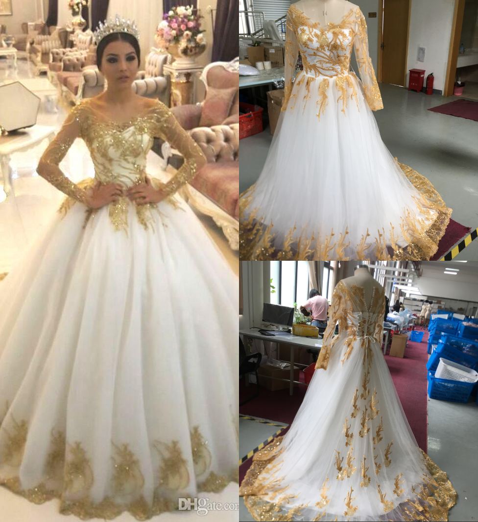 Luxury Gold Sequined Ball Gown Weddin Dress Dubai Arabic Long Sleeves Court Train Plus Size Bridal Gown Cstom Made-image