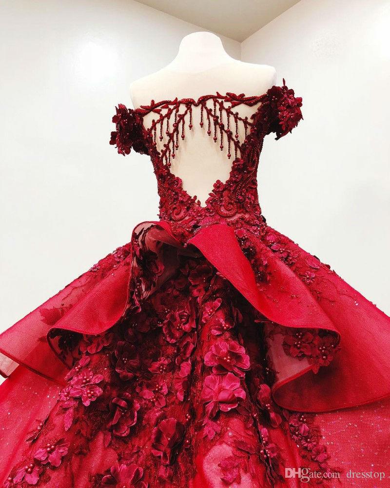 Dark Red Off Shoulder Ball Gown Quinceanera Dresses 3D Floral Appliques Sweep Train Prom Evening Formal Party Gown
