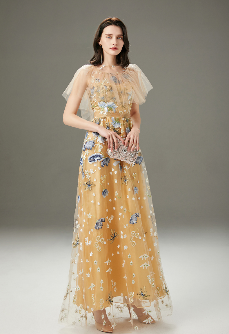 Women's Runway Dresses O Neck Embroidery Layered Ruffles Elegant Long Party Prom Dressess