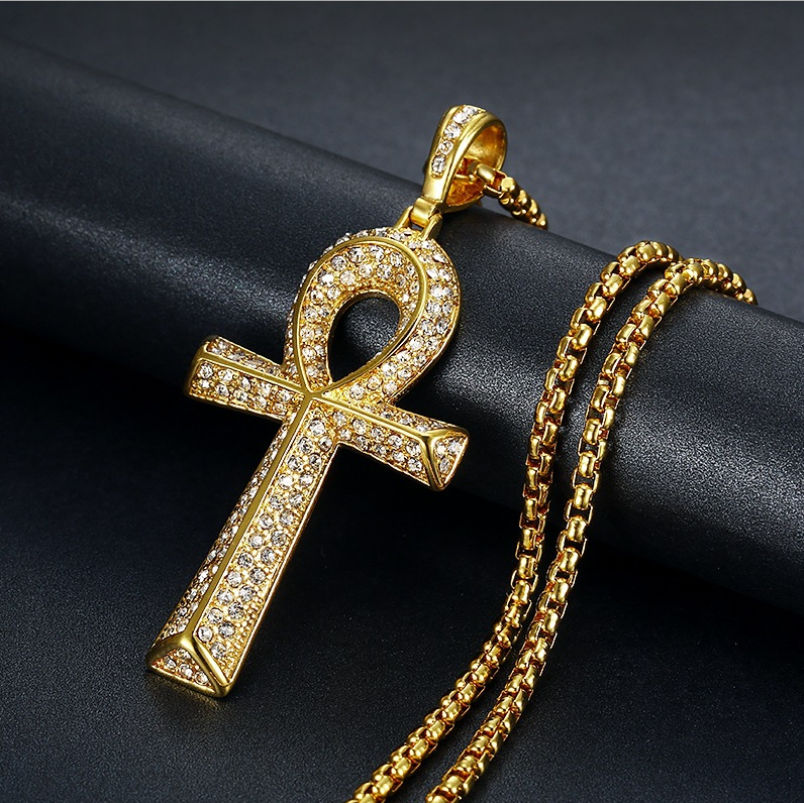 Vintage Cubic Zirconia Hiphop Cross Pendant Necklaces For Men Stainless Steel Jesus Jewelry Crystal 18K Gold Plated Life Key Necklace Gift