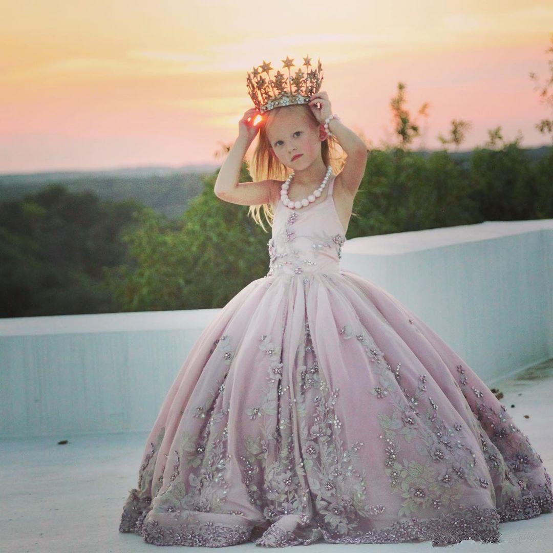 Lace Pearls wer Ball Gown Sapghetti Little Girl Wedding Vintage Communion Pageant Dresses Gowns