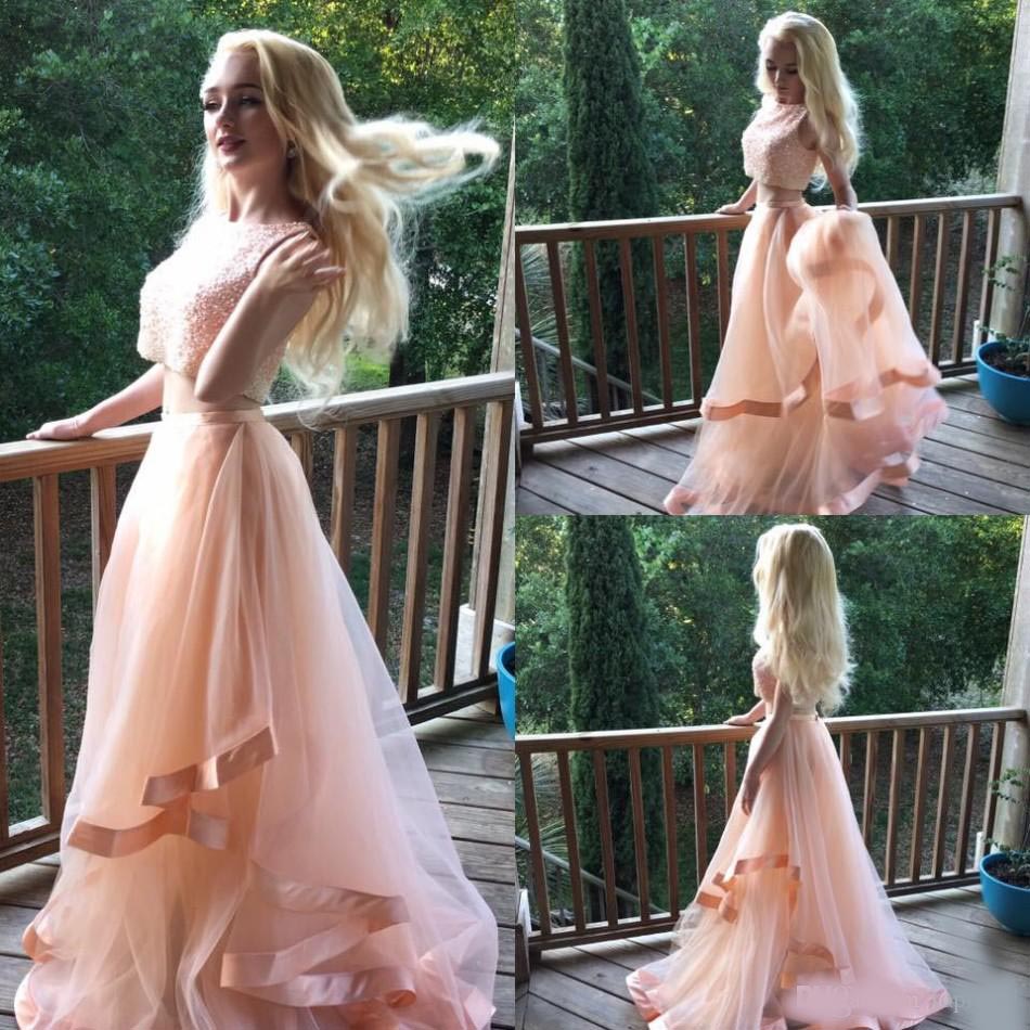 New Arrival 2020 Two Pieces Prom Dresses Scoop Sleeveless A-Line Floor Length Beading Tulle Party Dress Evening Gowns