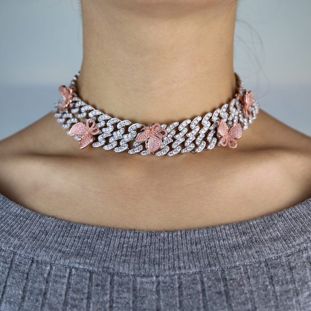 2024 iced out bling cz Miami cuban link chain PINK Butterfly charm choker necklace hip hop rock bling wide cool women jewelry