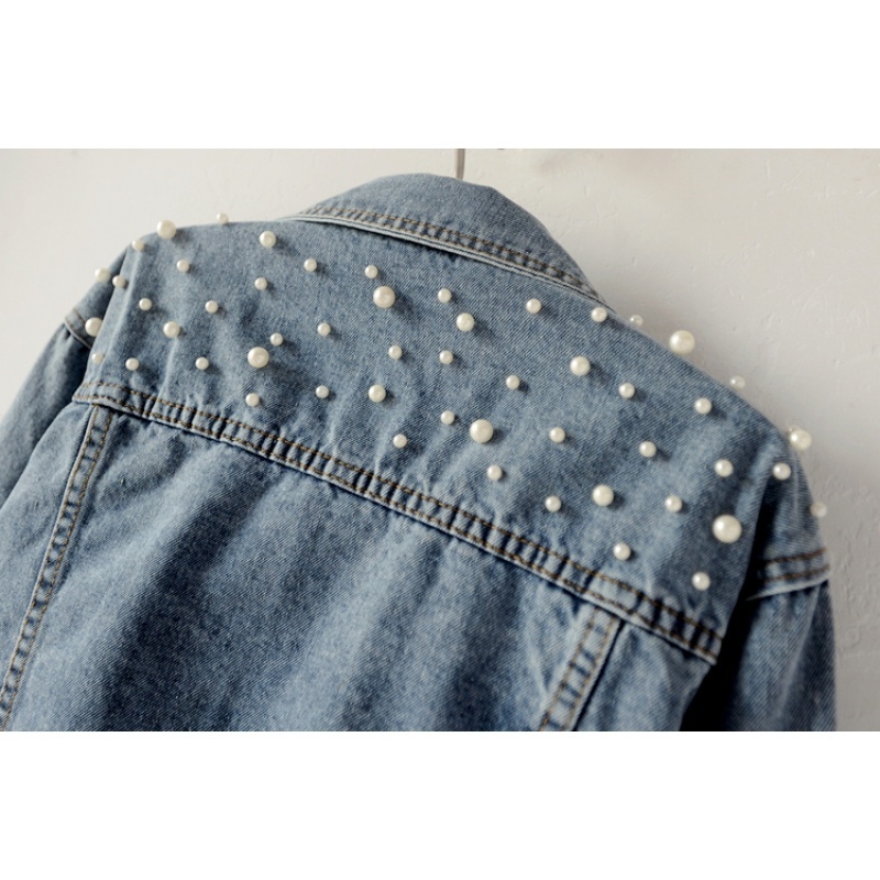 LUZUZI 5XL Short denim jacket female Ulzzang beaded pearl loose thin casual jeans bomber jacket women spring autumn new coat CY200515