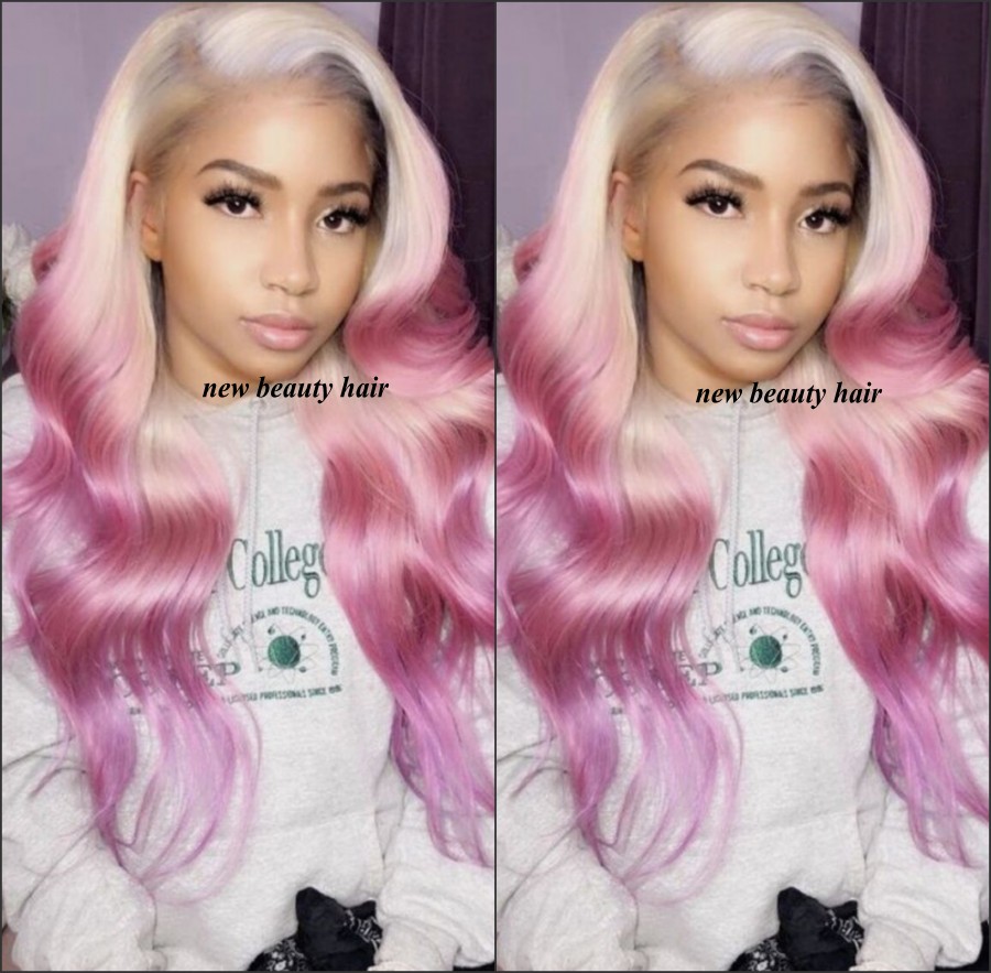 New cosplay style blonde roots pink Brazilian Lace Front Wigs synthetic With Baby Hair Body Wave Pre Plucked ombre Lace Wig For Women