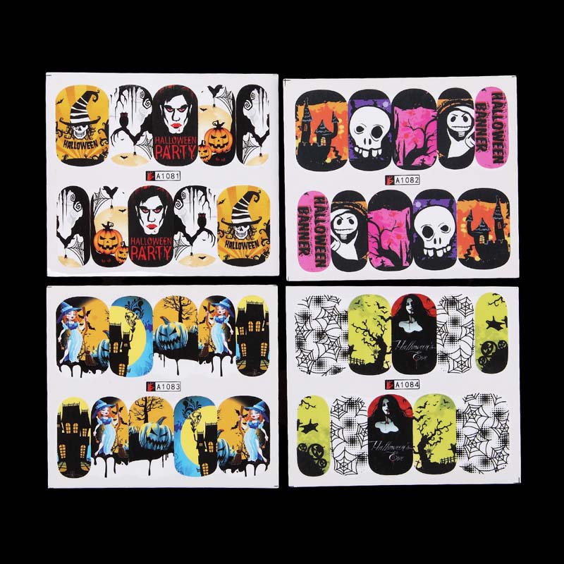 48pcs/lot Xmas Halloween Glue Nail Decals Sticker Water Transfer Nails Art Foils Wraps Gift Bat Skull Christmas Decorations