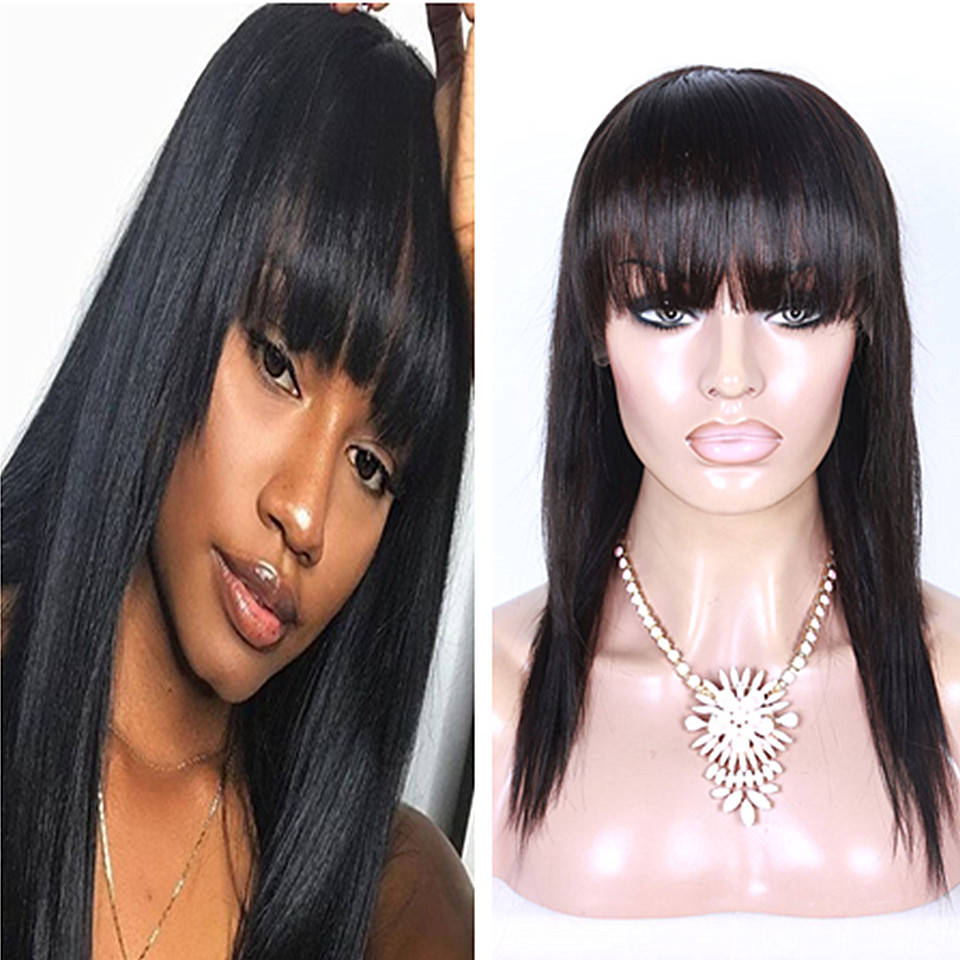 Human Hair Lace Front Wig With Bangs Straight Human Frontal Closure Wigs For Black Women