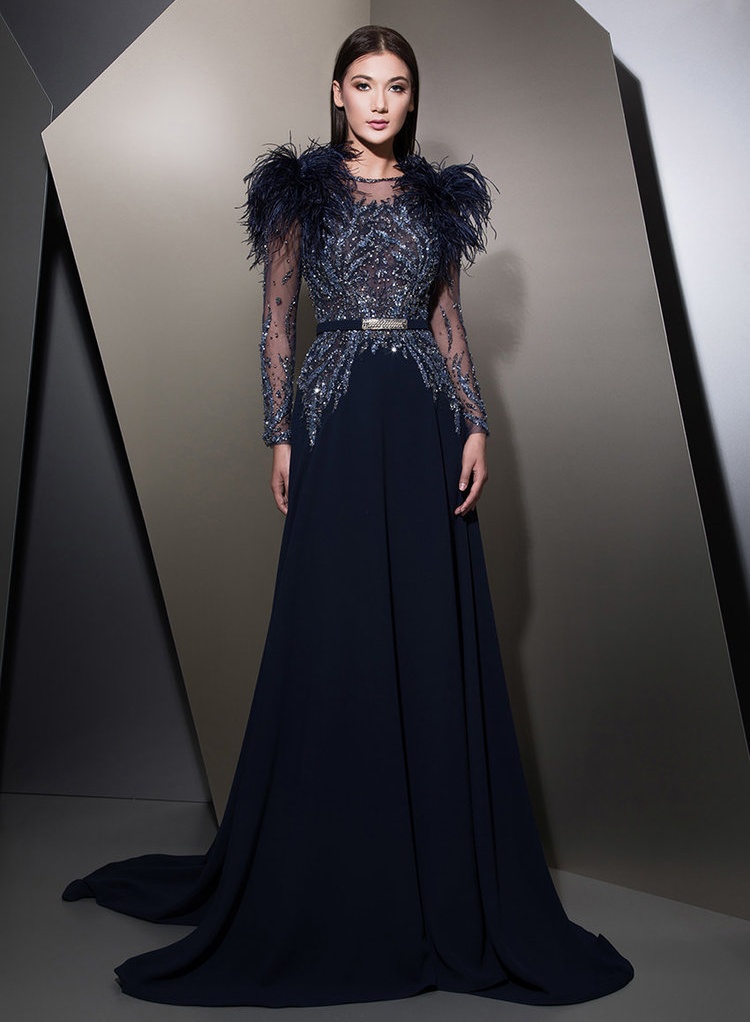 Dark Navy Feather Ziad Nakad Evening Dresses Beaded Sheer Bateau Neck Long Sleeves Prom Gowns Sweep Train Chiffon Sequined Formal Dress