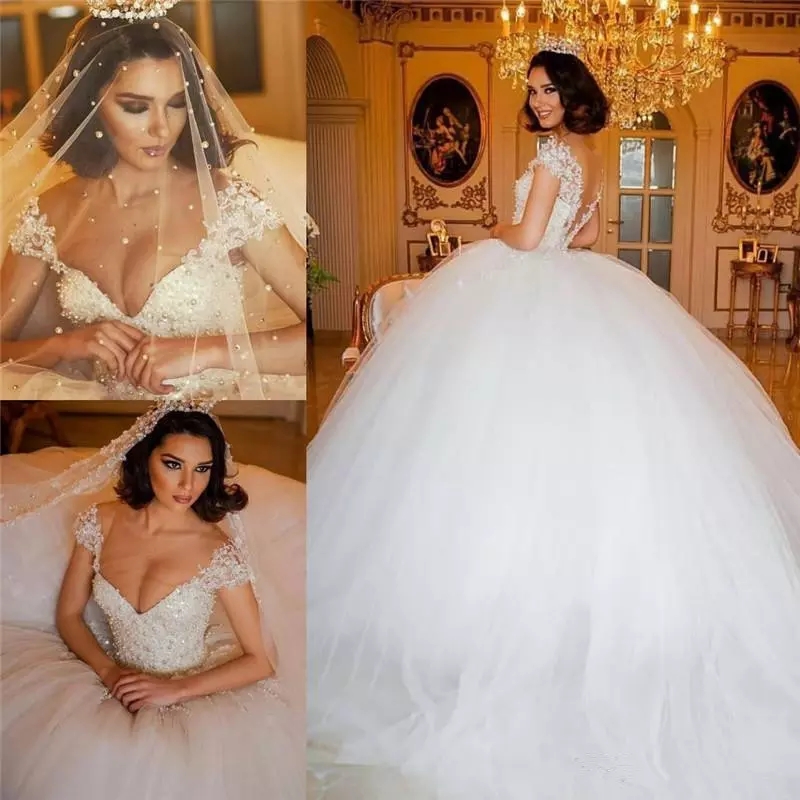 Luxe arabe gothique bal robe de mariage Illusion perles perles corsage Moyen-Orient Dubai Robes de mariée Robe de mariage