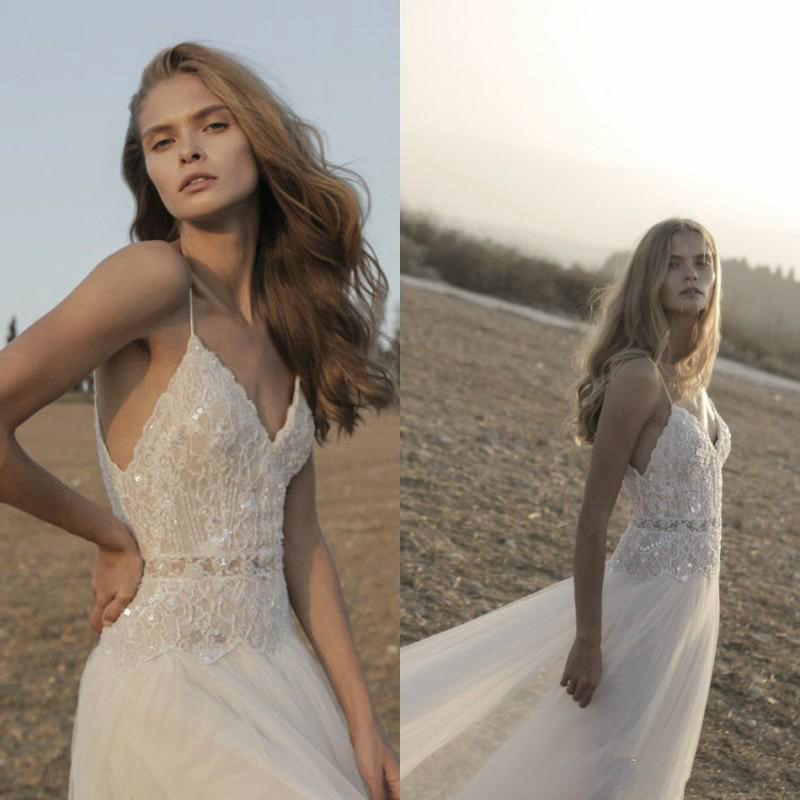 alon livne spaghetti bohemian wedding dresses lace sequins plus size boho bridal gowns country robe de marie