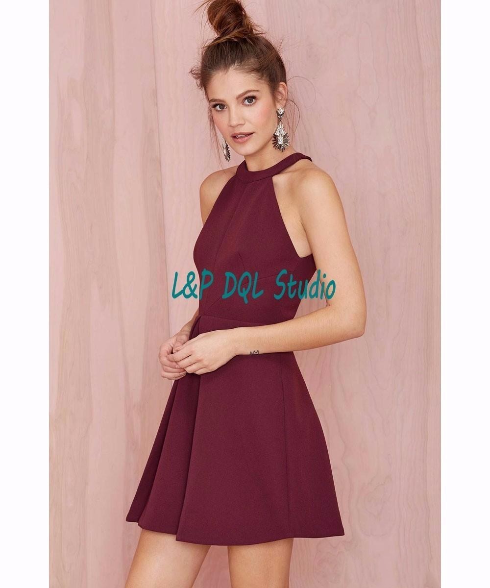 Sexy Burgundy Party Dresses Short Cocktail Dresses Summer Sexy Halter Sleeveless Backless Royal Blue/Black/Pink
