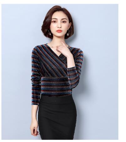 Mesh bottoming shirt women's long sleeve striped V-neck slim bottoming shirt, As the picture
Mesh bottoming shirt women's long sleeve striped V-neck slim bottoming shirt, As the picture