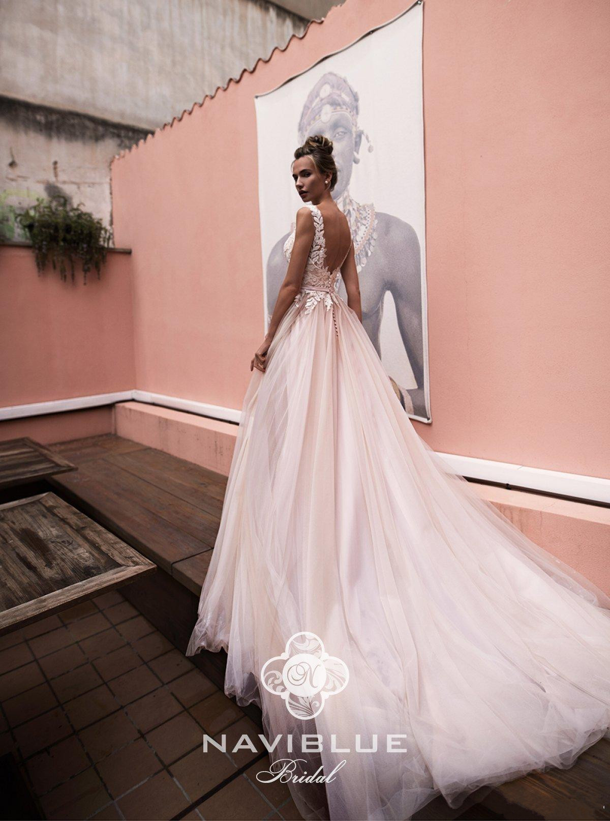 naviblue a line tulle wedding dresses v neck lace appliqued bridal gown sweep train beach country robe de mariee