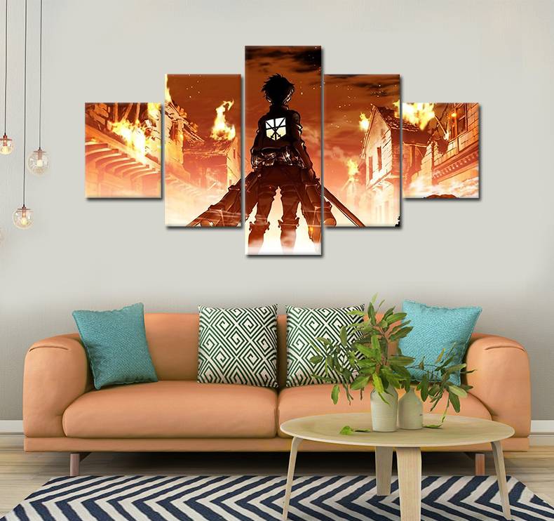 5pcs/set Unframed Attack on Titan On Fired Anime Poter Painting On Canvas Wall Art Picture For Living Room Decor