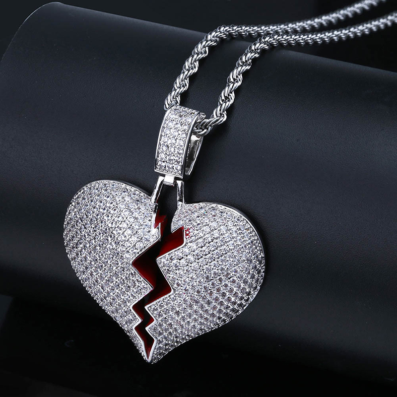 High Grade Broken Heart Pendant Necklace Mens Hip Hop Jewelry with Zircon Stainless Steel Chain Jewelry Wholesale