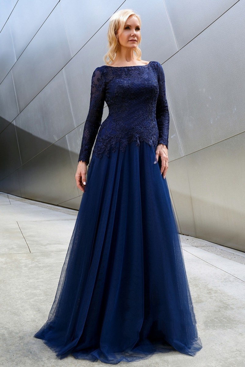 Blue Long Sleeve Mother of the Bride Dresses Lace Plus Size Wedding Guest Dress Jewel Neck Cheap Evening Gowns