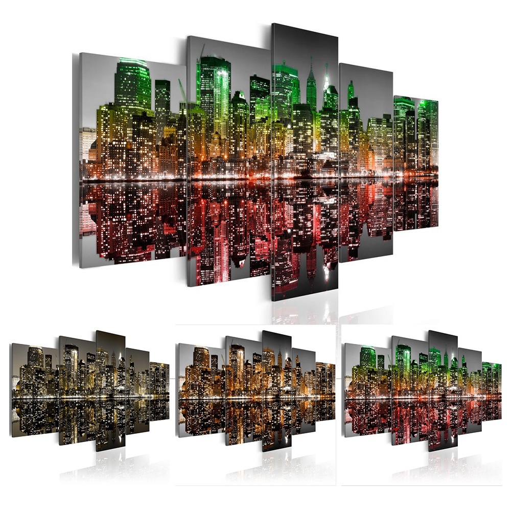 ( No Frame)5PCS/Set Modern Urban Architecture Abstract Fascinating Night Art Print Frameless Canvas Painting Wall Picture Home Decoration