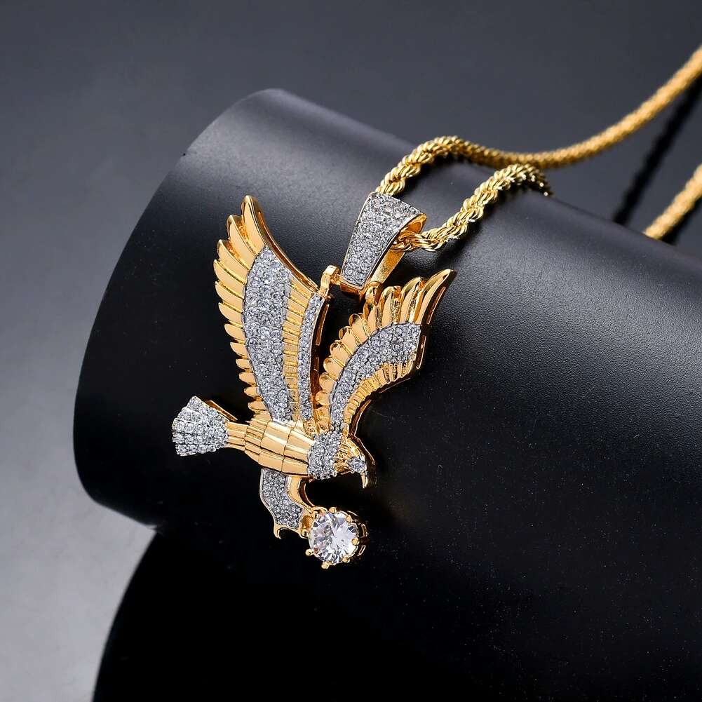 hip hop Eagle diamonds pendant necklaces for men western copper zircon luxury necklace real gold plated 3mm 60cm Stainless steel t