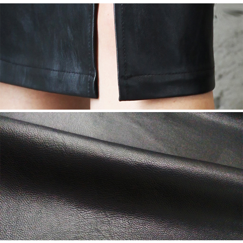 Women's Black PU Leather Midi High Waist Sexy Split Office Pencil Skirt
