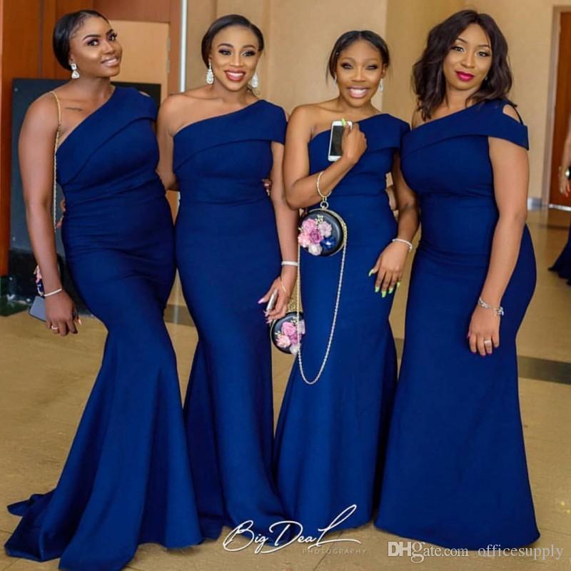 Royal Blue One Shoulder Long Dresses Ruffles Satin Mermaid Bridesmaid Gowns For Wedding African Women Formal Party Dress