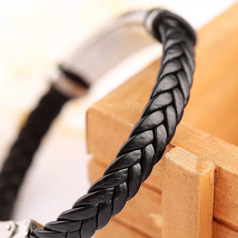 Export PU Leather Cuff Knitting Rope Bracelets Titanium Steel Bangle Stainless Men Black Punk Bracelet Hand Ornament