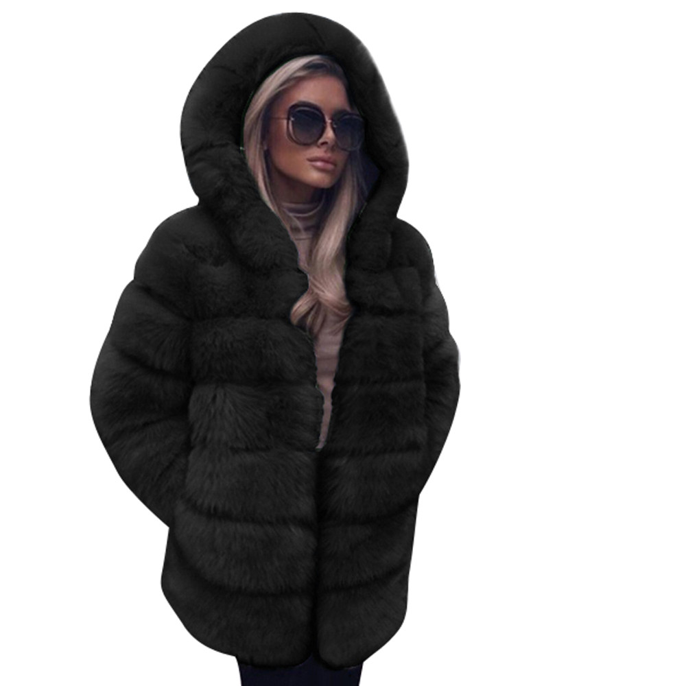 Women Coat Fashion Luxury Faux Fur Coat Hooded Autumn Winter Warm Overcoat Jacket Coats Women