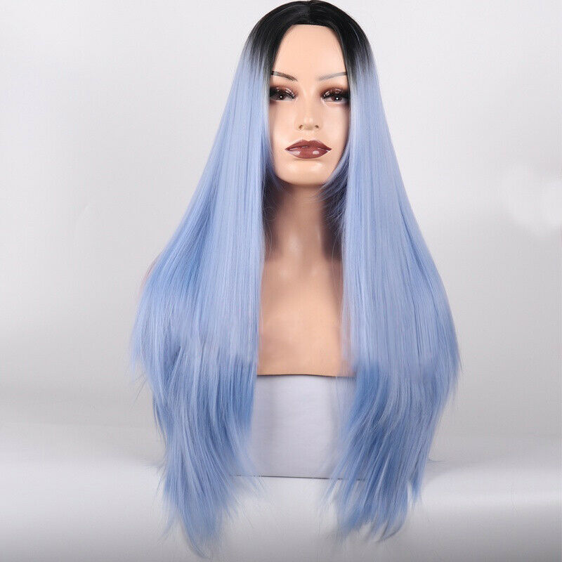 28'' Synthetic Hair Wig Long Straight Wigs Heat Safe Ombre Mint Blue Synthetic