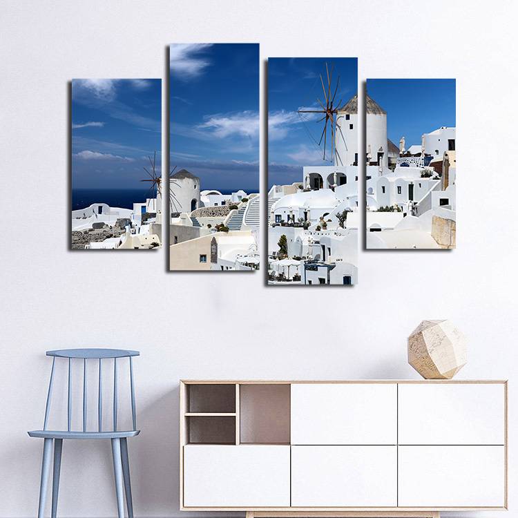 4pcs/set Unframed Greek Aegean Seaside White Buildings HD Print On Canvas Wall Art Picture For Home and Living Room Decor