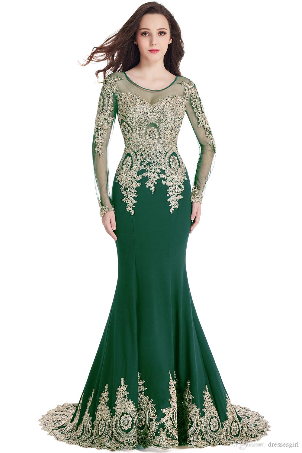 Babyonlinedress Luxury Beads Gold Lace Mermaid Evening Dresses Long Sexy Illusion Back Long Sleeve Prom Party Gowns Charming Evening Gowns
