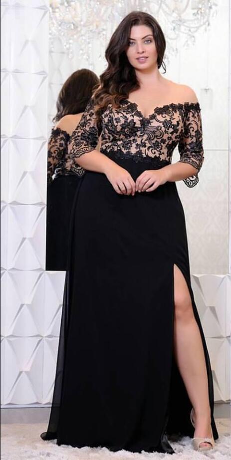 Black Lace Chiffon Plus Size Mother of the Bride Dress Half Sleeves High side Slit Women Formal Evening Wedding Guest Party Gowns