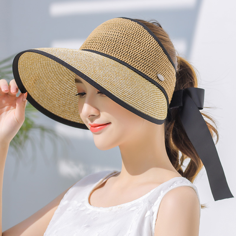 Fashion Women Ladies Summer Large Wide Brim Sun Hat Foldable Roll Up Bowknot Decor Beach Visor Cap Outdoor Travel Cap Empty Hat