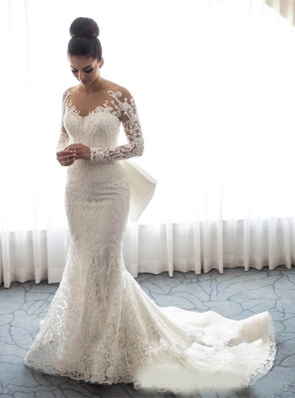 2020 Sheer Long Sleeves Lace Mermaid Wedding Dresses Tulle Applique Wedding Bridal Gowns With Detachable Skirt robe de mariée