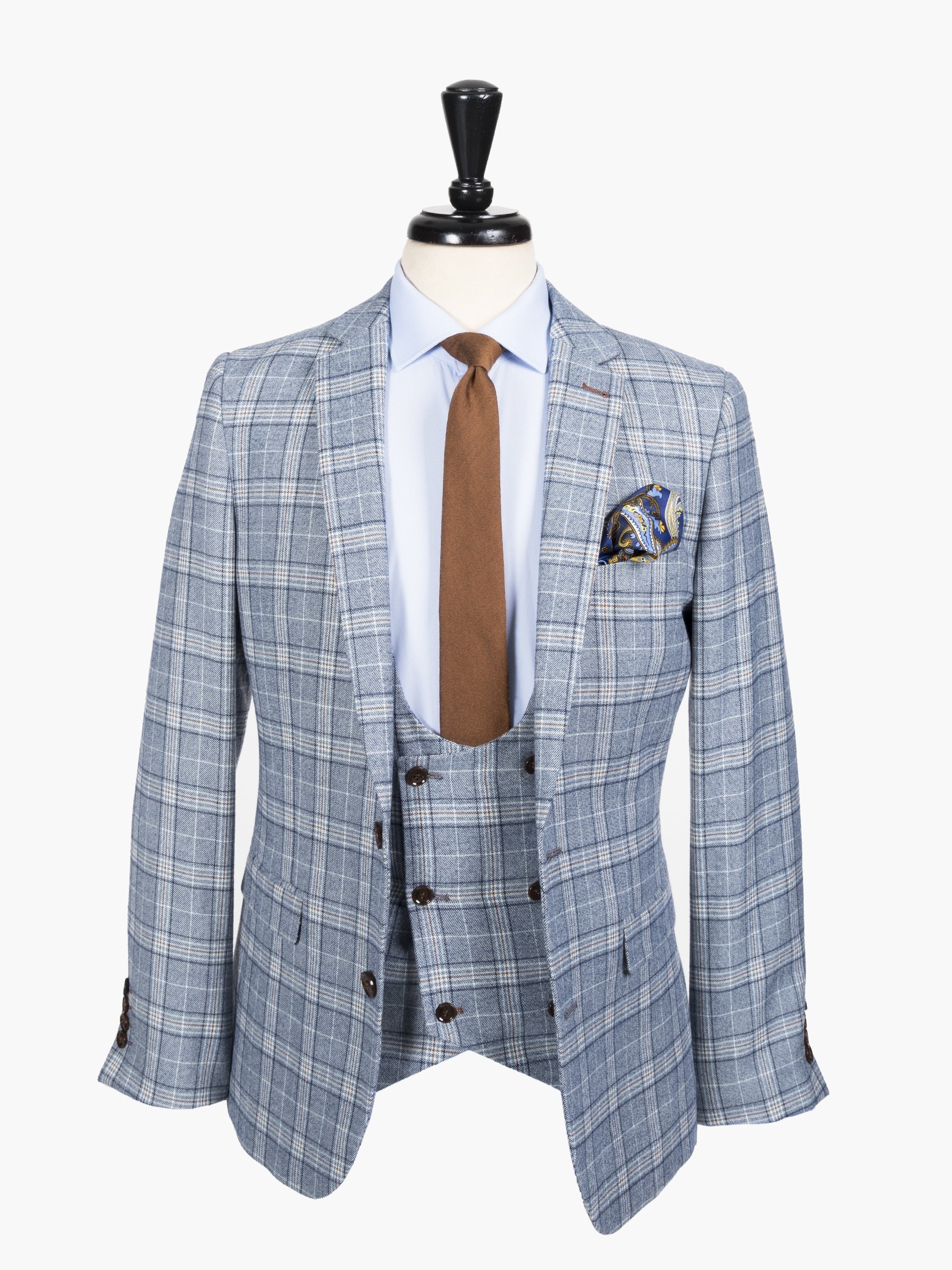 Skinny Blue and Brown Check Mens Suits with Horseshoe Waistcoat 3 Piece Tweed Suit Herringbone Custom Made Groom Wear Wedding Tuxedos