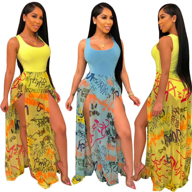 Letter Print Sheer Mesh Patchwork Summer Beach Dress Sleeveless Sexy Tank Bodysuit High Slit Maxi Night Club Party Dress Female Sundress, Black;gray
Letter Print Sheer Mesh Patchwork Summer Beach Dress Sleeveless Sexy Tank Bodysuit High Slit Maxi Night Club Party Dress Female Sundress, Black;gray