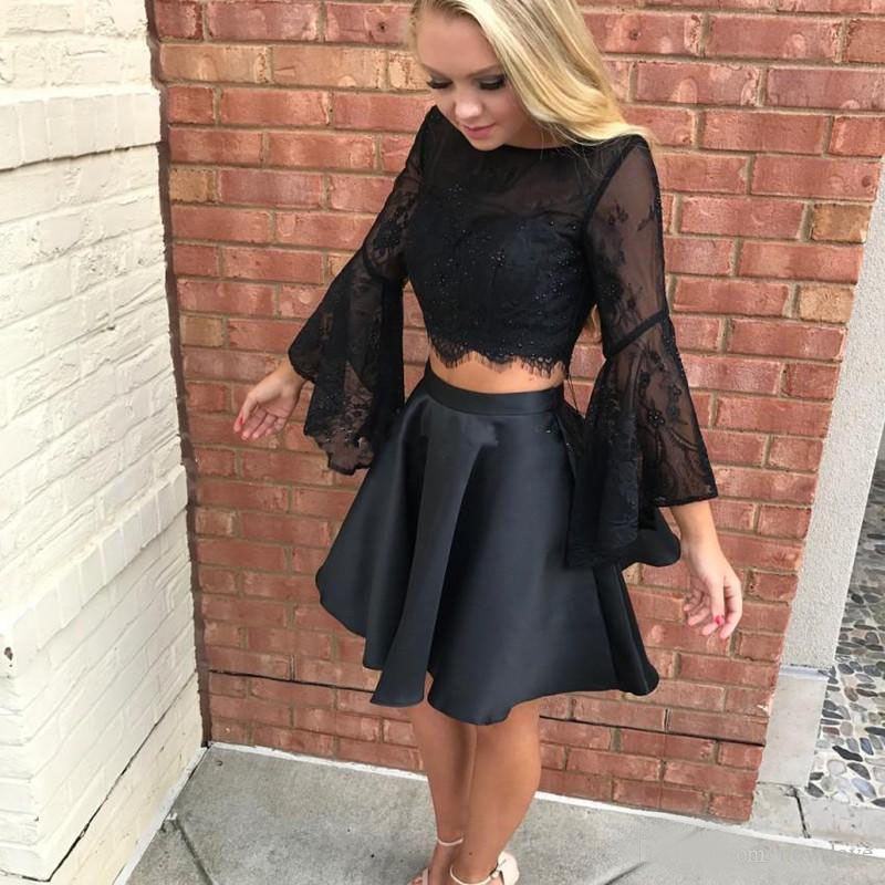 Little Black Party Evening Dress Two Piece Sheer Lace Homecoming Dress Short Prom With 3/4 Sleeve Backless A-line Formal Party Gowns