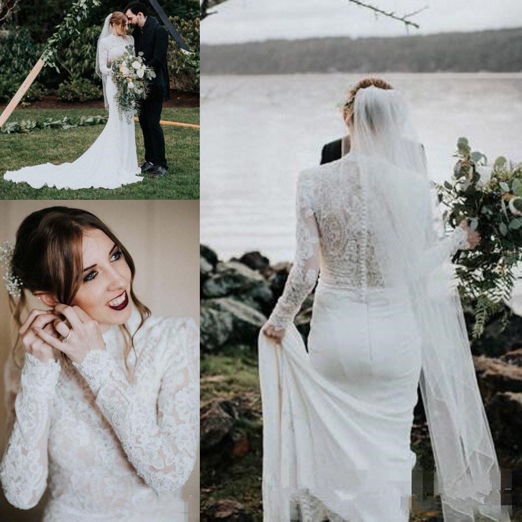 High Neck Country Mermaid Wedding Dresses with Long Sleeve 2019 Simple Lace Stain Muslim Hijab Style Bohemian Trumpet Wedding Gown