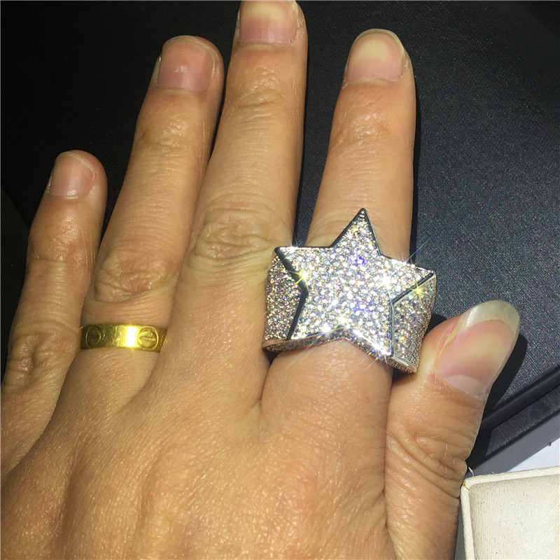 Vecalon Big Star Male Hiphop ring White Gold Filled 500pcs 5A Cz Party Anniversary band rings For men Rock Finger Jewelry