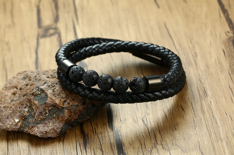 Black Braided Microfiber Leather Charm Bracelet Natural Lava Stone Beaded Bracelet Men Health Magnet Buckle Jewelry7441242