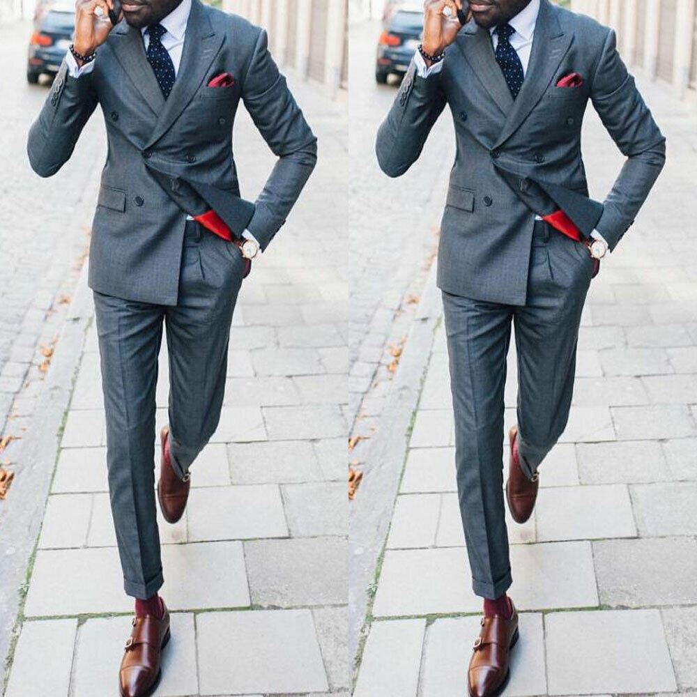 Handsome Men's Slim Fit Gray Wedding Suits Double Breasted Peak Lapel Party Dinner Tuxedos Custom Made Blazer (Jacket+Pants)