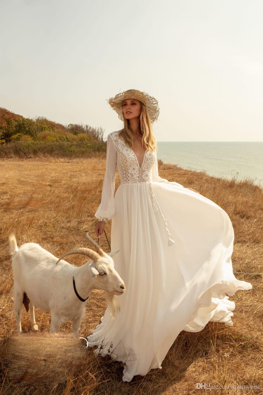 bohemian long sleeve wedding dresses lace appliqued chiffon v neck bridal gown boho a line wedding dress robes de marie