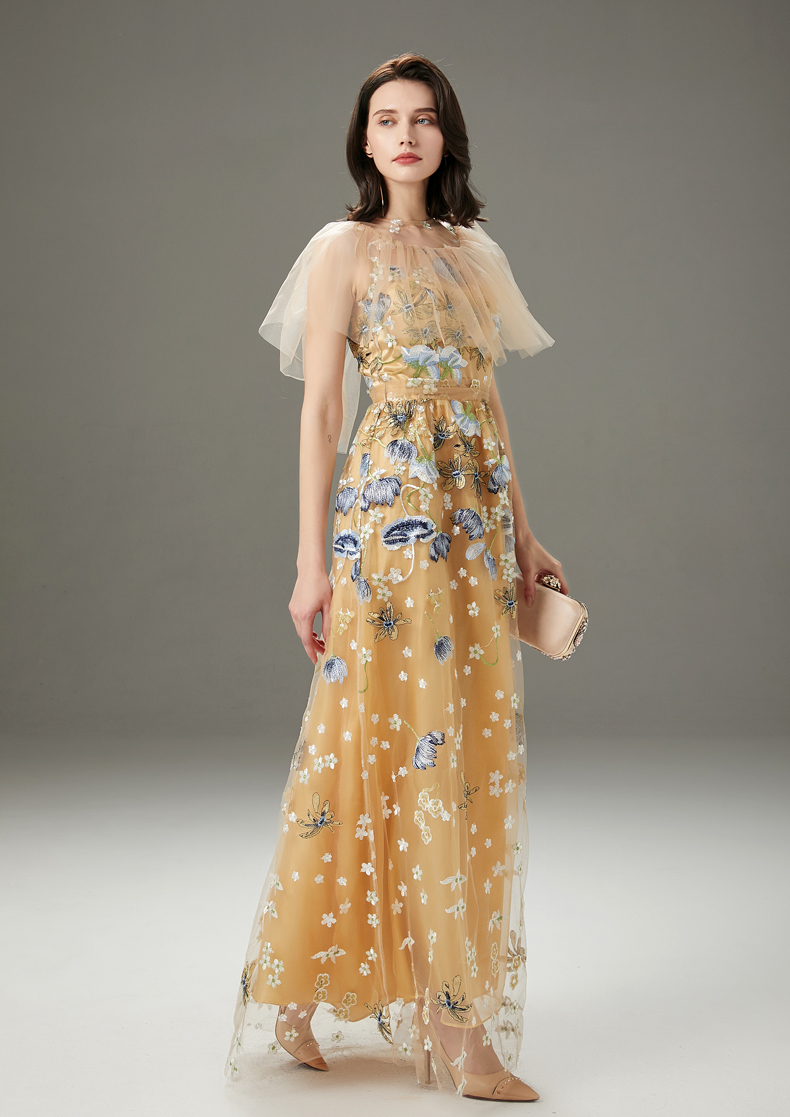 Women's Runway Dresses O Neck Embroidery Layered Ruffles Elegant Long Party Prom Dressess