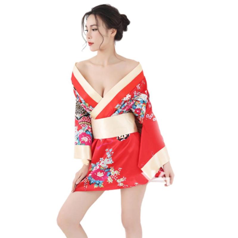 Traditional Women Japanese Kimono Sleepwear Sexy Deep V-neck Kimono Satin Floral Printed Nightwear Short Bath Robe