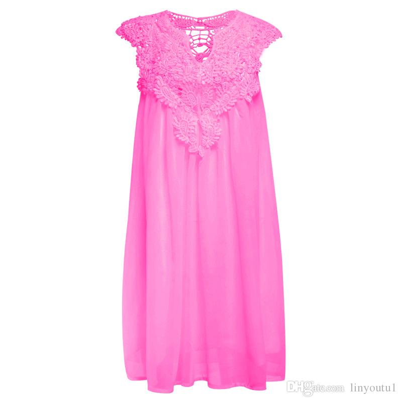 2020 Women's Bohemia summer dress stitching loose sexy dress Short Sleeveless chiffon solid lace beach dress women dropshing