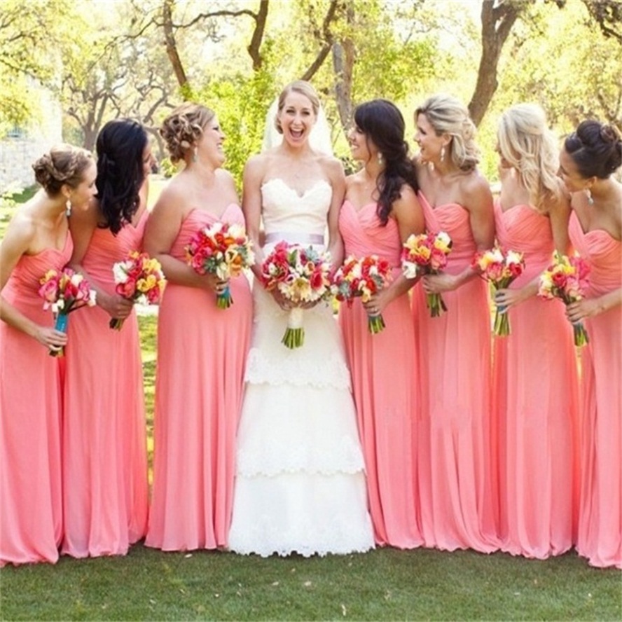 Elegant 2019 Coral Bridesmaid Dresses Long Sweetheart Neckine Ruched Bodice A Line Long Chiffon Beach Wedding Party Dresses Cheap