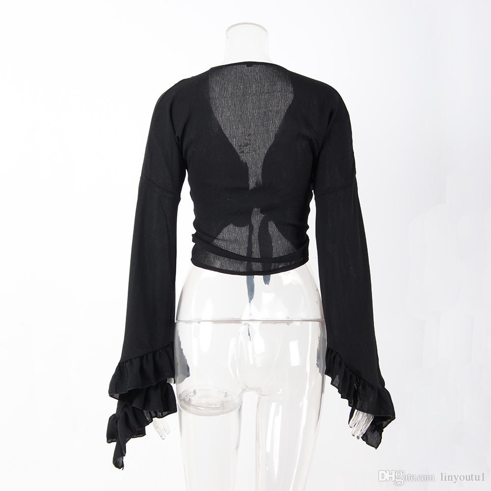 2020 Summer Beach Knot Chiffon Women Blouse Cover Up Sexy V Neck Petal Sleeve Shirt Casual Crop Tops for Female Black