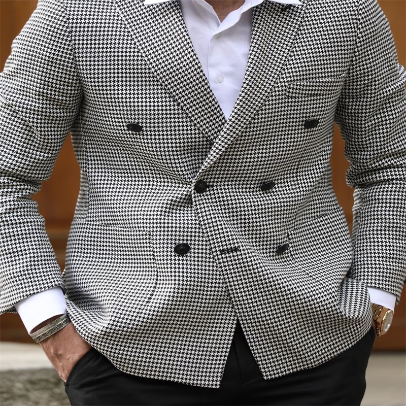 newest houndstooth gentlemen suits cotton blend double breasted notched lapel men suits custom made formal coat