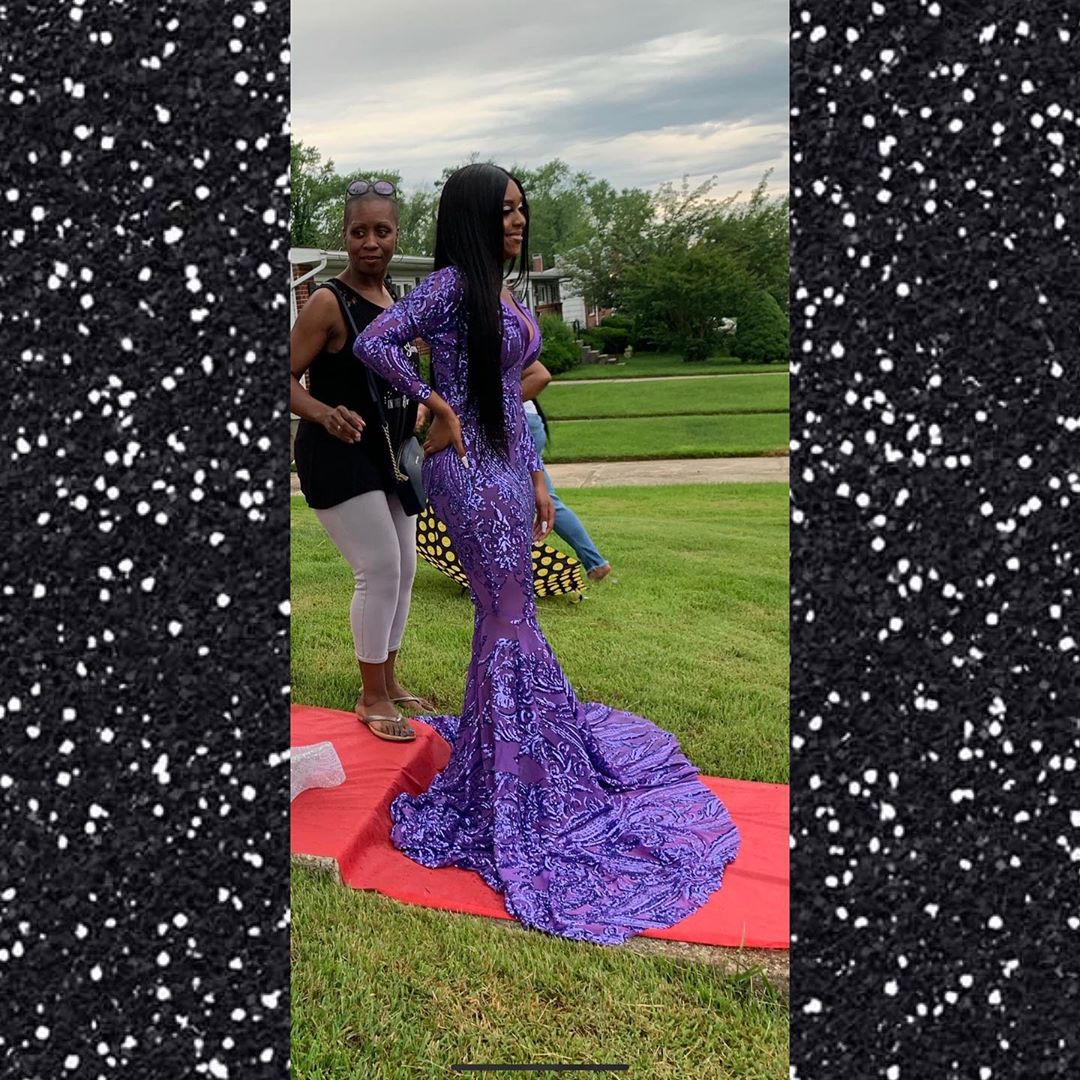 2020 Violet Colors Mermaid Evening Dresses Satin With Glittle Prom Dress V Neck Long Sleeve Sweep Tarin Special Occasion Dresses