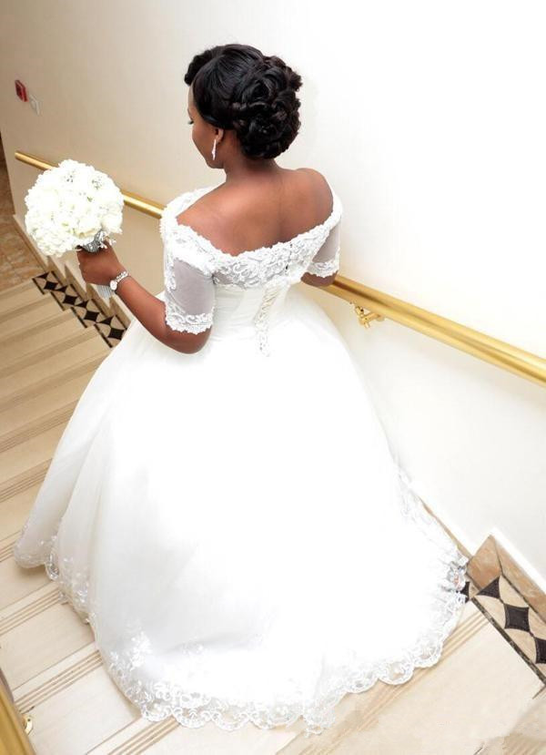 Nigeria Lace Off Shoulder Wedding Dresses Sheer Half Sleeves Beaded Lace Up Plus Size Bridal Gowns A Line African Wedding Vestidos